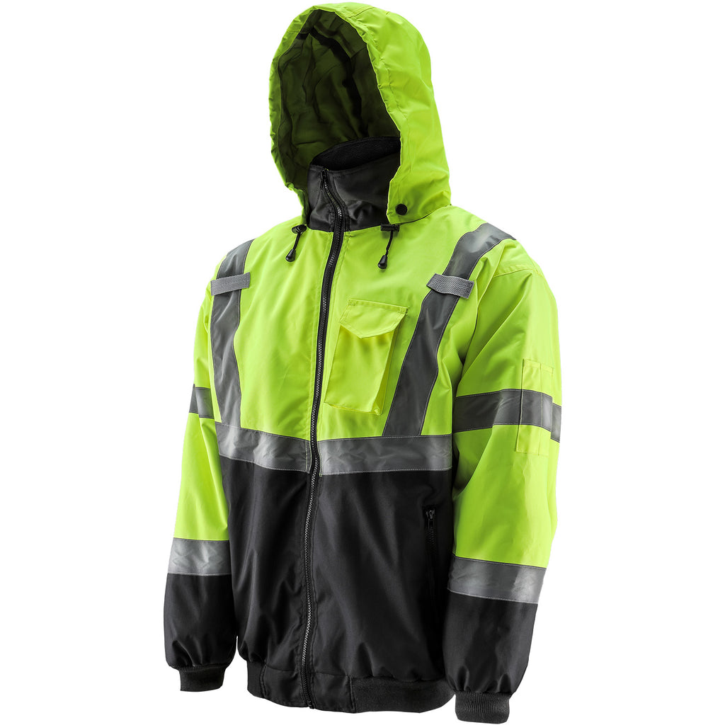 413GTLB Safety Jacket: Hi-Vis Bomber Jacket: Adjustable Hood: Waterproof